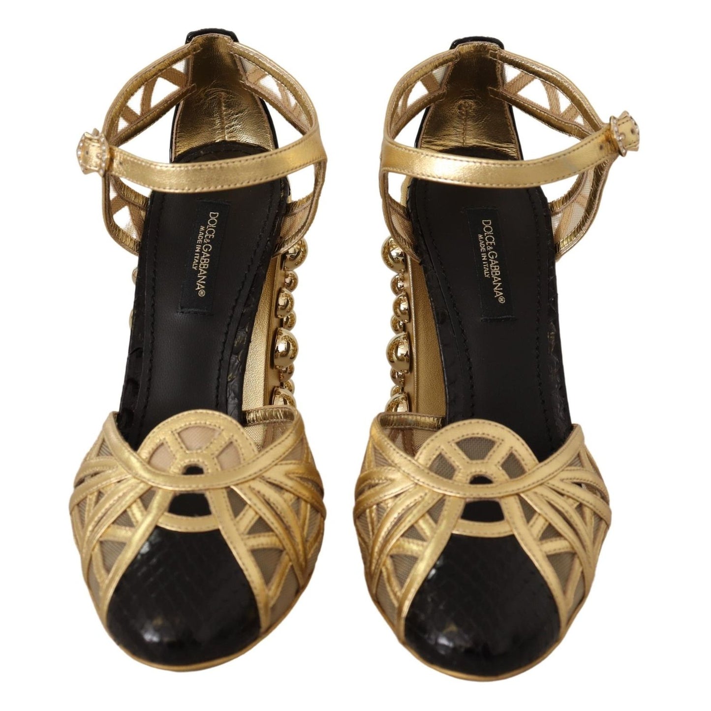 Dolce & Gabbana Black Gold Leather Studded Ankle Straps Shoes
