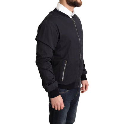 Dolce & Gabbana Blue Silk Coat Short Bomber Men Jacket