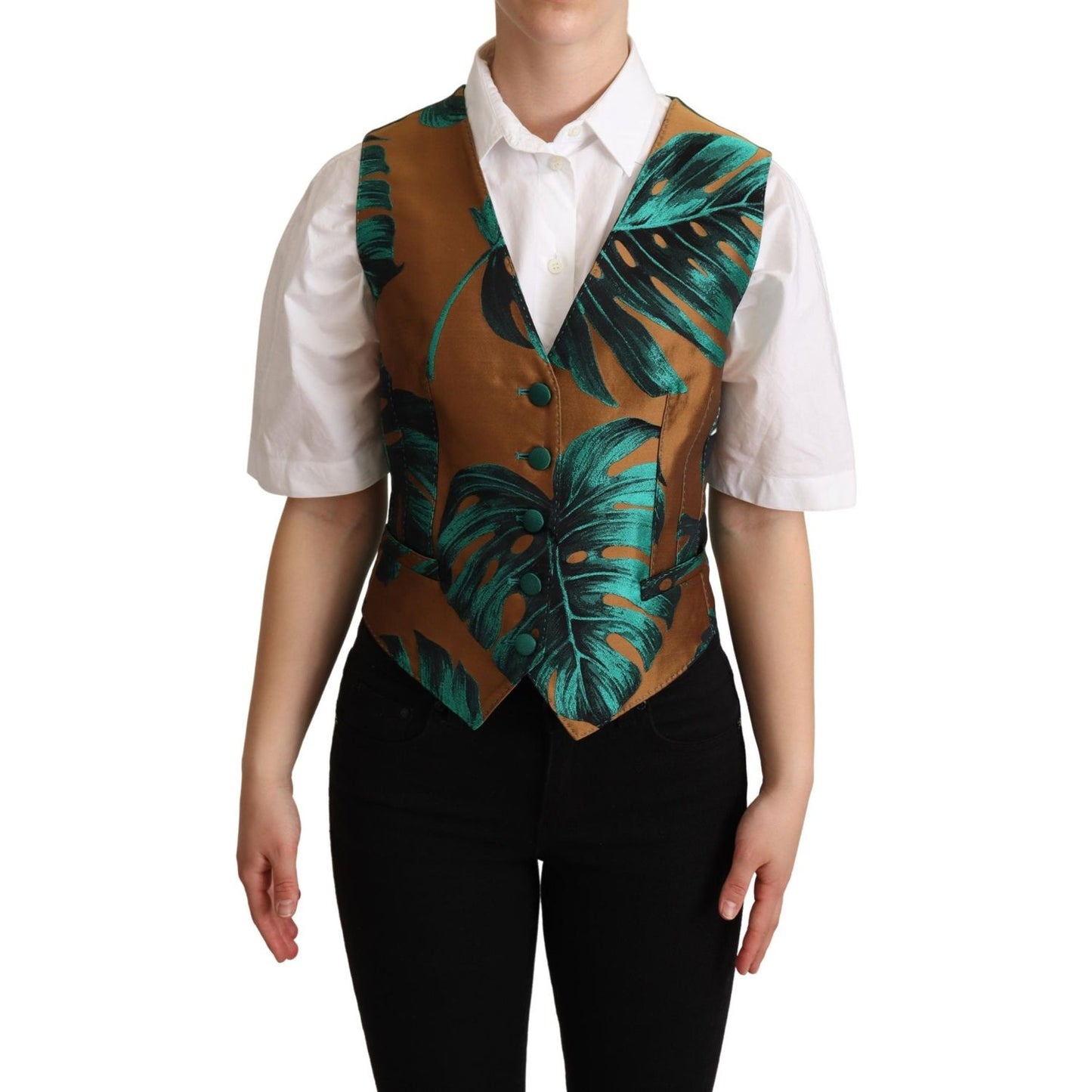Dolce & Gabbana Green Jacquard Leaf Gold Waistcoat Vest