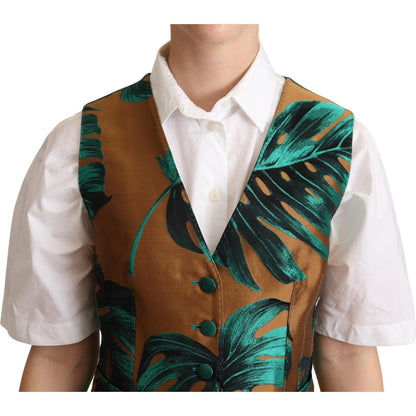 Dolce & Gabbana Green Jacquard Leaf Gold Waistcoat Vest