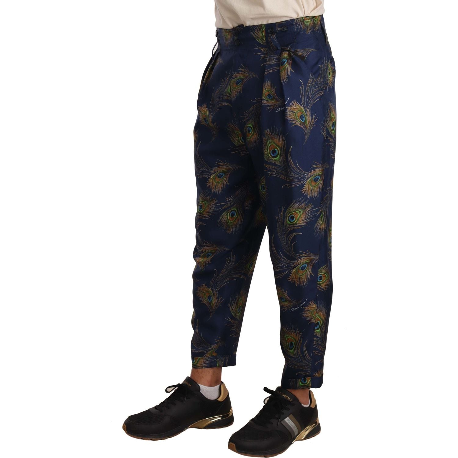 Dolce & Gabbana Blue Peacock Print Tapered Trousers Silk Pants