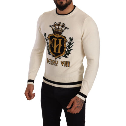 Dolce & Gabbana White Heraldic Cashmere Pullover Sweater