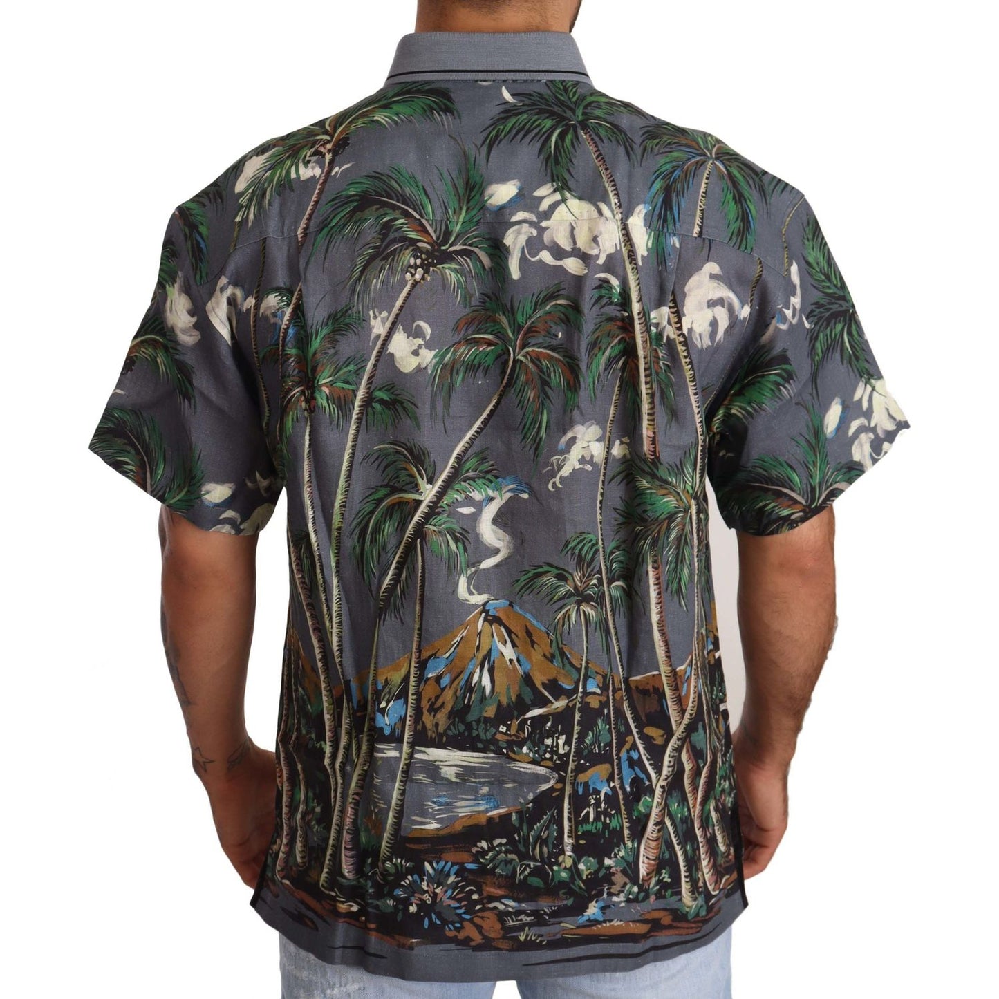 Dolce & Gabbana Gray Linen Tropical Print Collared Shirt