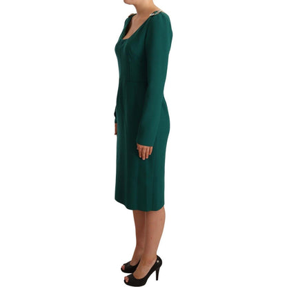 Dolce & Gabbana Green Stretch Crepe Crystal Midi Dress