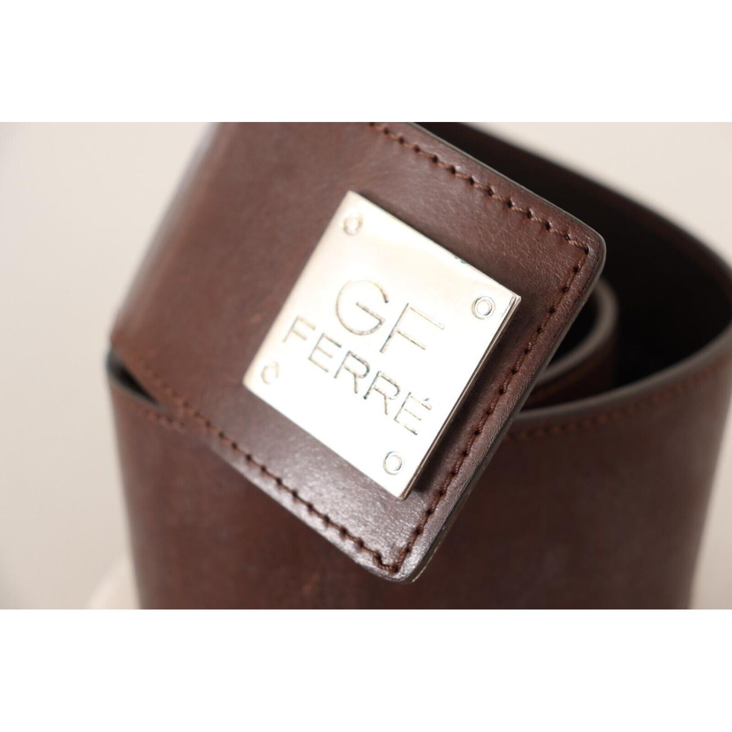 GF Ferre Brown Genuine Leather Wide Logo Buckle Waist Belt