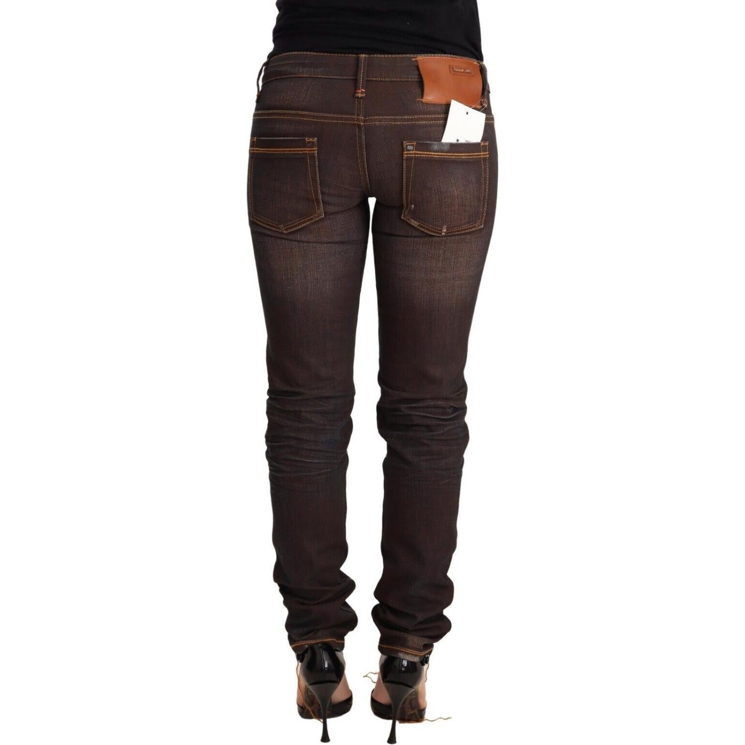 Acht Brown Washed Cotton Slim Fit Denim Low Waist Trouser Jeans