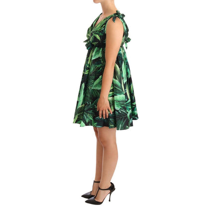 Dolce & Gabbana Green Leaves Print Cotton Flared Mini Dress