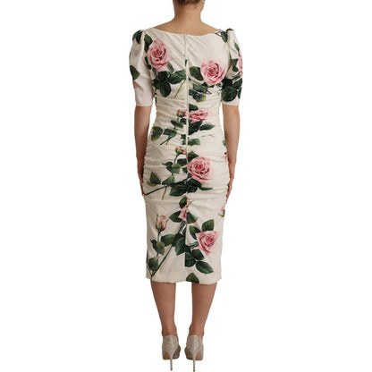 Dolce & Gabbana White Roses Print Stretch Silk Pleated Dress Dress