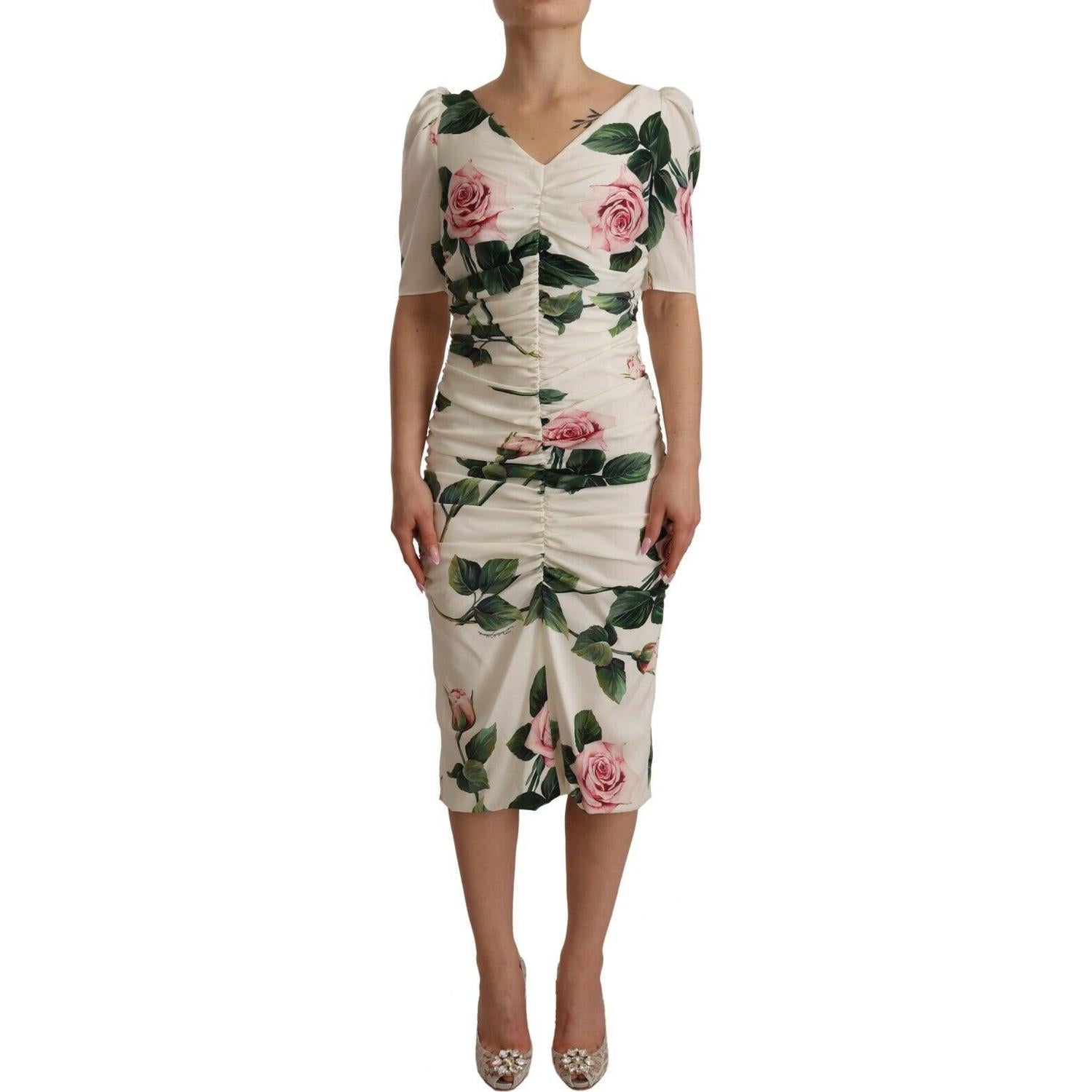 Dolce & Gabbana White Roses Print Stretch Silk Pleated Dress