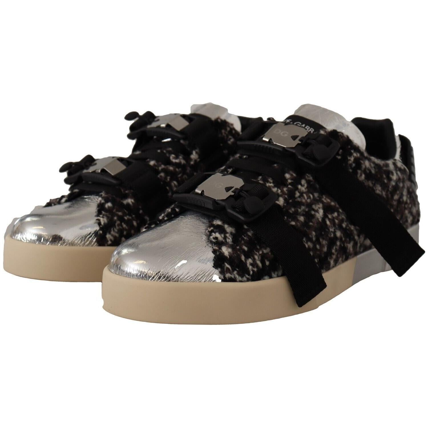 Dolce & Gabbana Silver Leather Brown Cotton Wool Sneakers Shoes