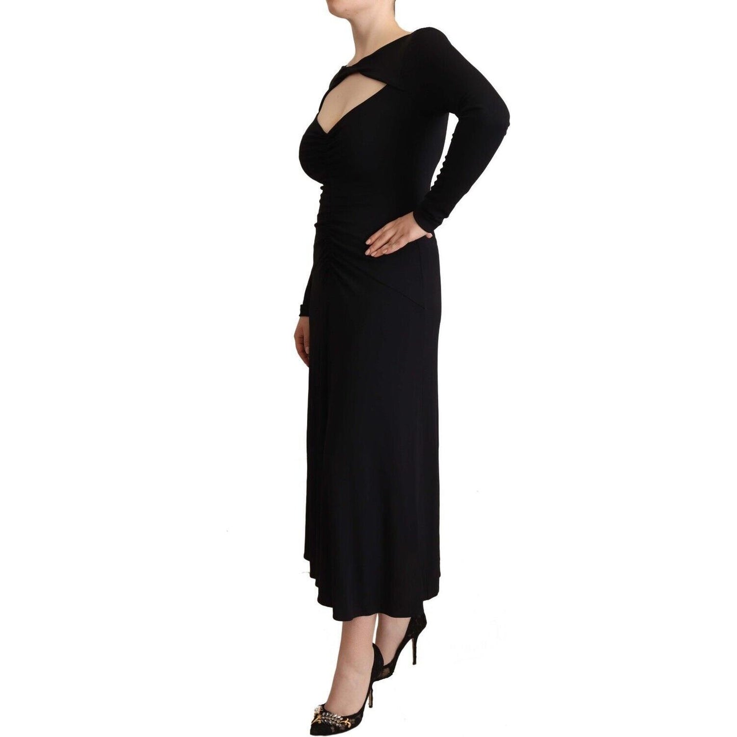 PINKO Black Nylon Stretch Long Sleeves Deep V-neck Maxi Dress