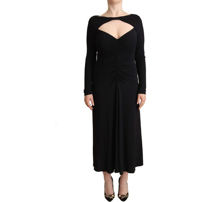 PINKO Black Nylon Stretch Long Sleeves Deep V-neck Maxi Dress
