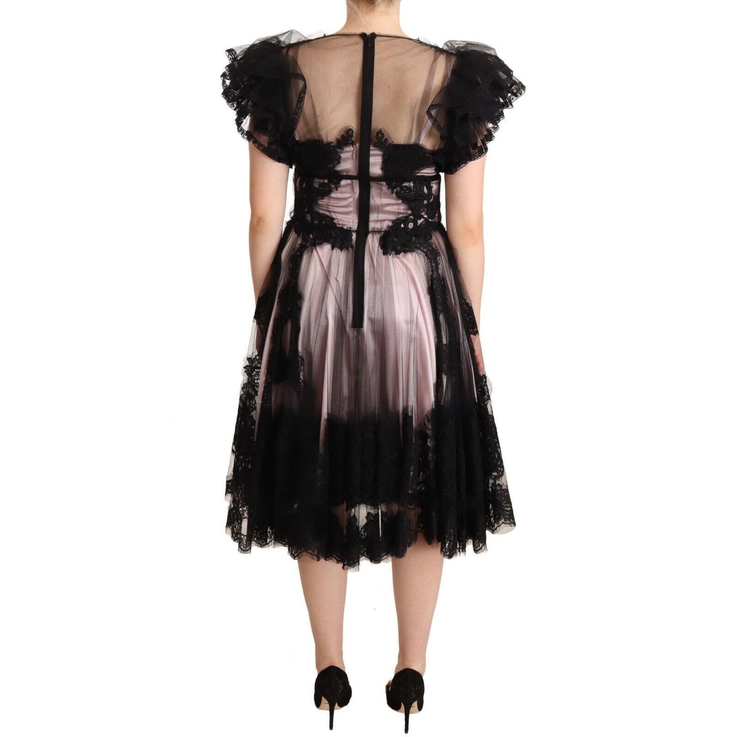 Dolce & Gabbana Black Pink Floral Lace A-line Midi Sheer Dress