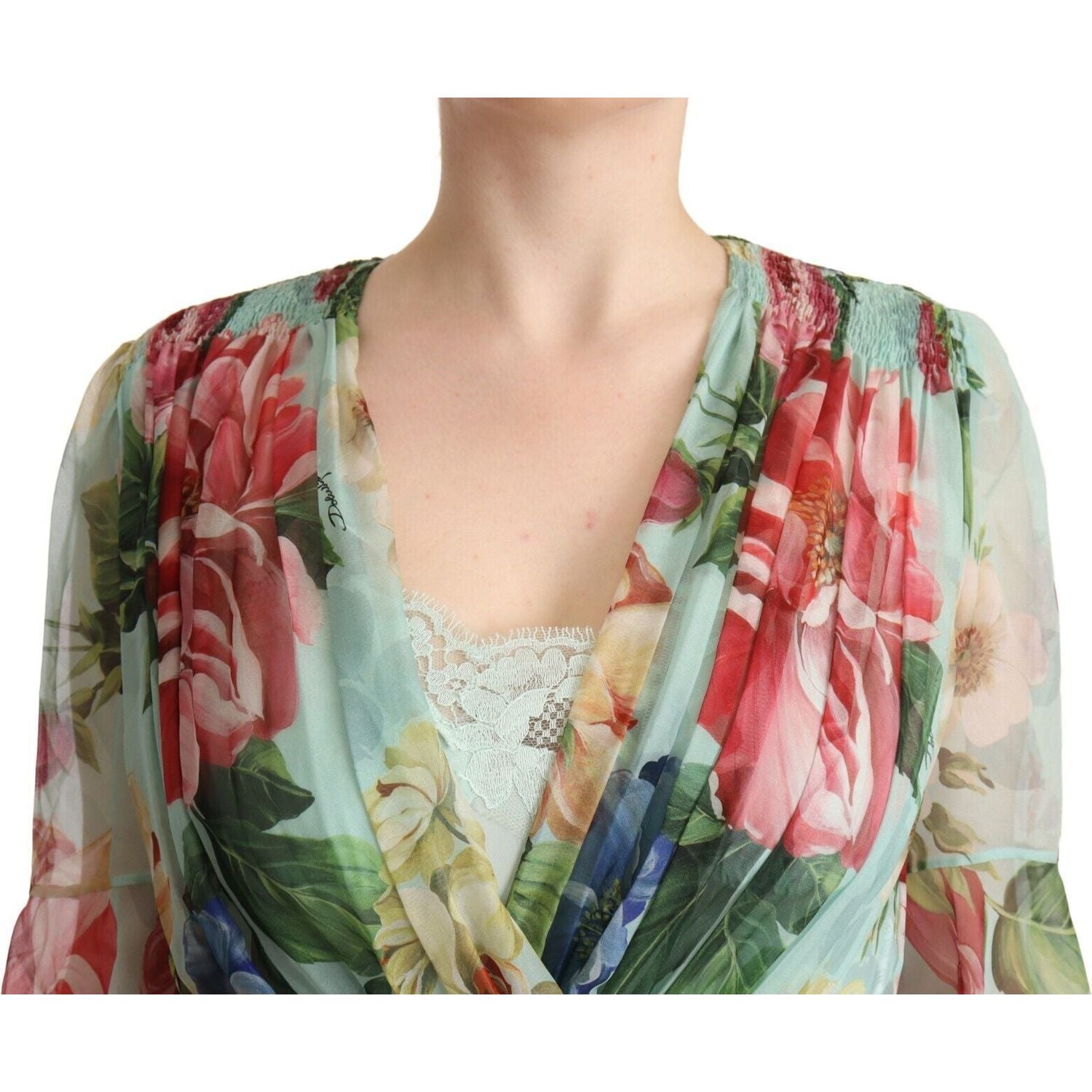 Dolce & Gabbana Green Floral Long Sleeves V-neck Midi Dress