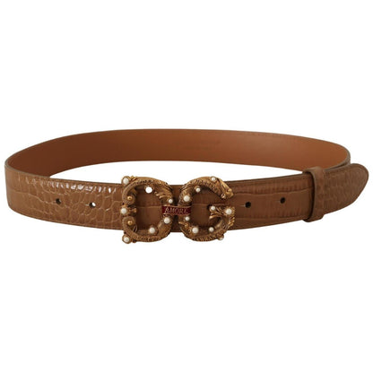 Dolce & Gabbana Brown Crocodile Pattern Leather Logo Amore Belt WOMAN BELTS