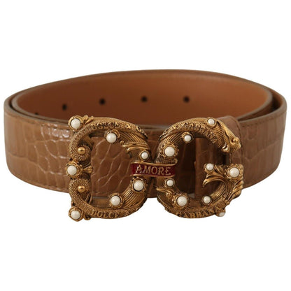 Dolce & Gabbana Brown Crocodile Pattern Leather Logo Amore Belt WOMAN BELTS