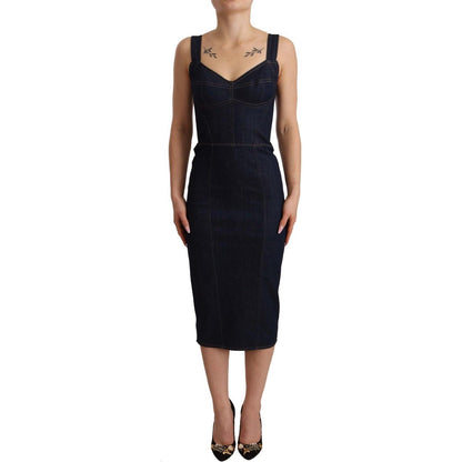 Dolce & Gabbana Dark Blue Cotton Denim Sheath Midi Dress