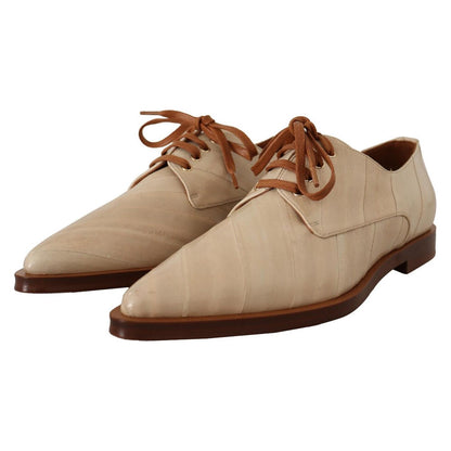Dolce & Gabbana White Eel Leather Lace Up Formal Flats Shoes