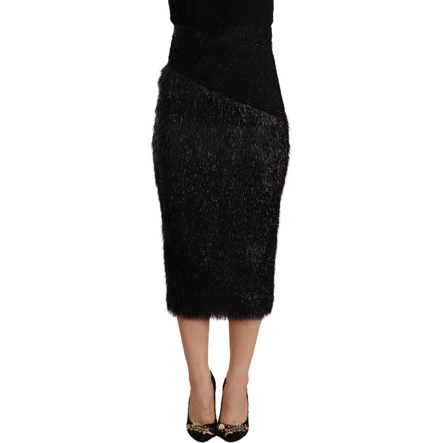 Masha Ma Black Tinsel High Waist Pencil Midi Viscose Skirt
