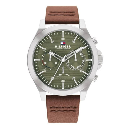 TOMMY HILFIGER Mod. 1710522 gent's quartz analog watch, water-resistant, mineral dial, 46mm case, brown bracelet, official packaging.