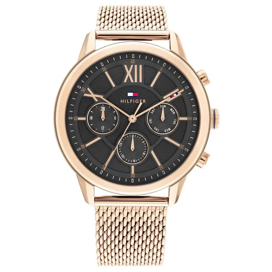 TOMMY HILFIGER Mod. 1710525 watch for gents, quartz analog, mineral dial, water resistant 5 ATM, 44mm case with gold bracelet.