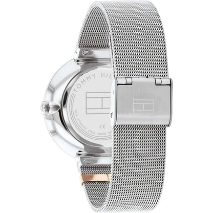 Back view of TOMMY HILFIGER Mod. 1782537 lady's quartz analog watch with mesh bracelet and 3 ATM water resistance.