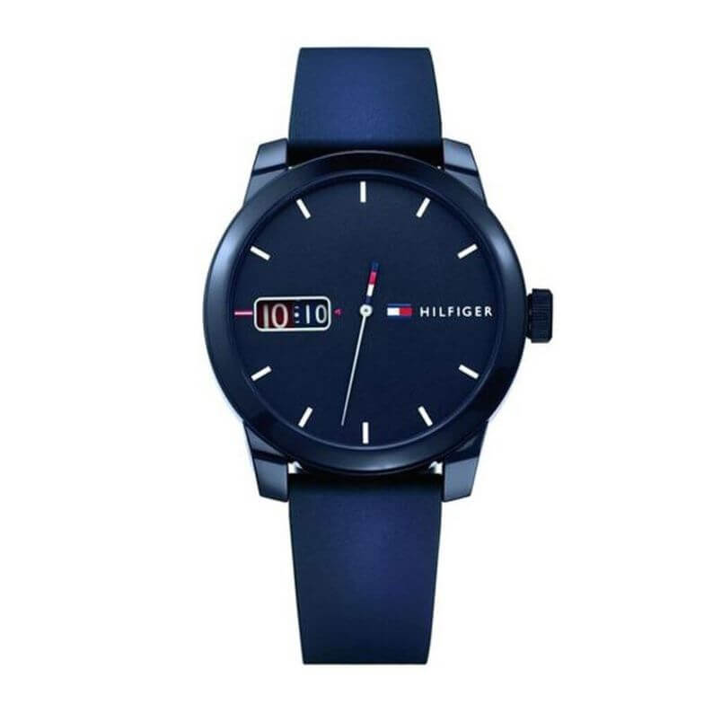 TOMMY HILFIGER Mod. 1791381 quartz analog gent's watch with mineral dial, 42mm case, and navy bracelet. Water resistant 5 ATM.