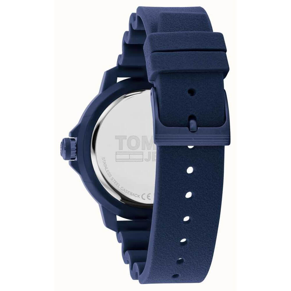 Back view of TOMMY HILFIGER Mod. 1792000 watch with blue strap and multifunction features, 45mm case, water resistant 3 ATM.