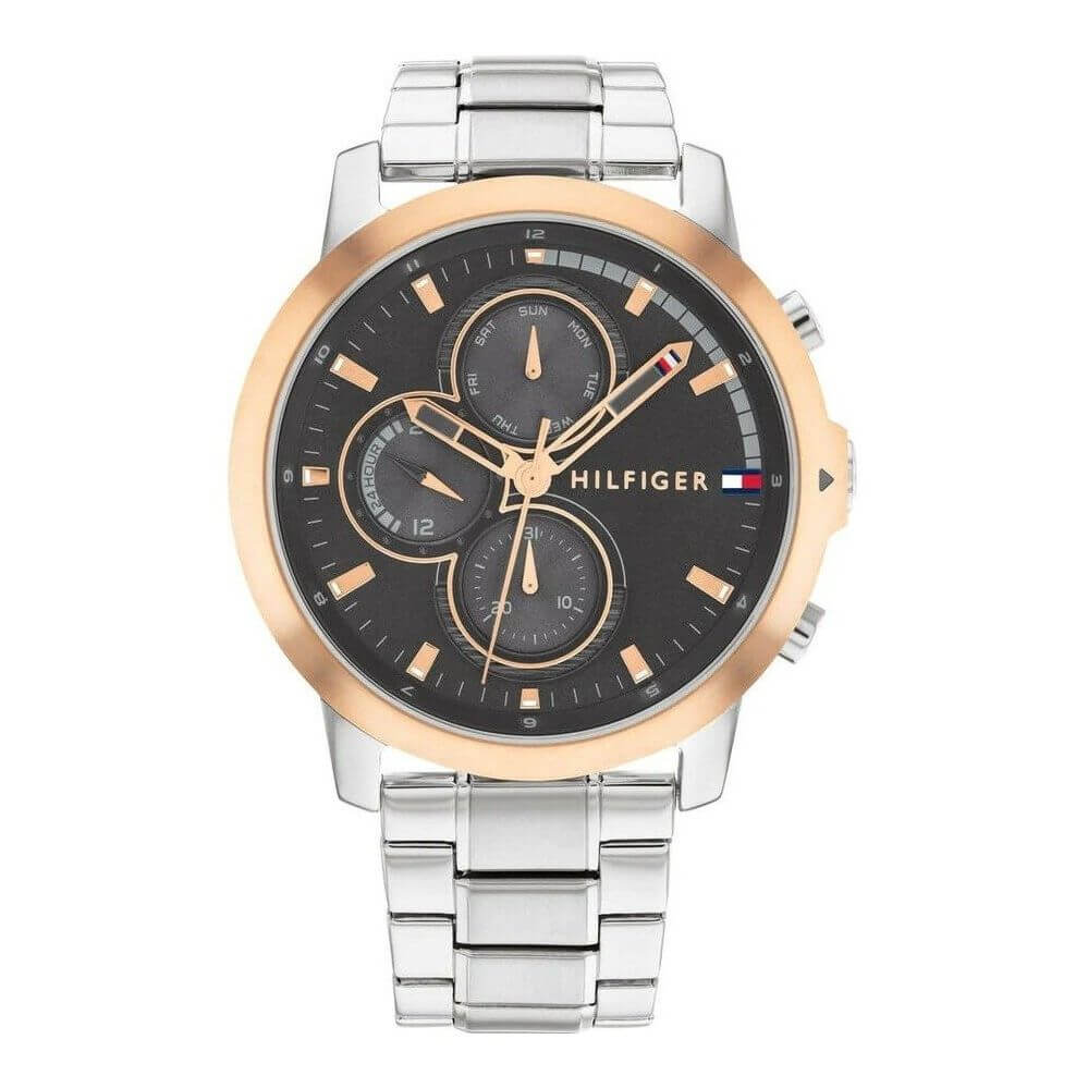 TOMMY HILFIGER Mod. 1792050 gents quartz analog watch, 46mm mineral dial, 5 ATM water resistance, silver bracelet, shown in official packaging.