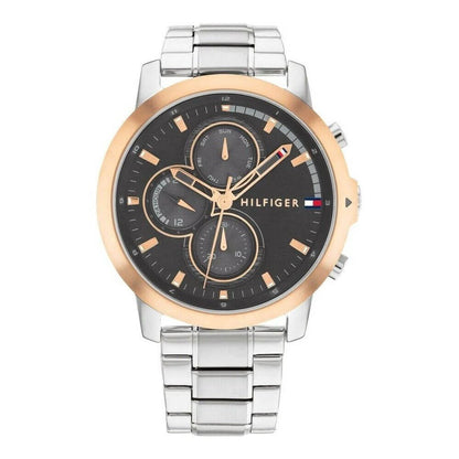 TOMMY HILFIGER Mod. 1792050 gents quartz analog watch, 46mm mineral dial, 5 ATM water resistance, silver bracelet, shown in official packaging.