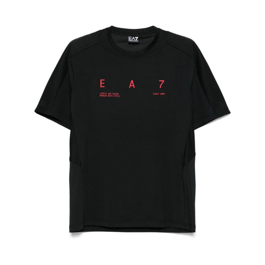 Black EA7 T-shirts and Polos with crew neck, short sleeves, straight hem, and front logo print, shown in size M.