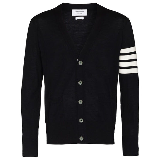 Thom Browne Sweaters Blue, navy blue cardigan with 4-Bar stripe and button fastening, long sleeves, wool blend, stylish and comfortable fit.