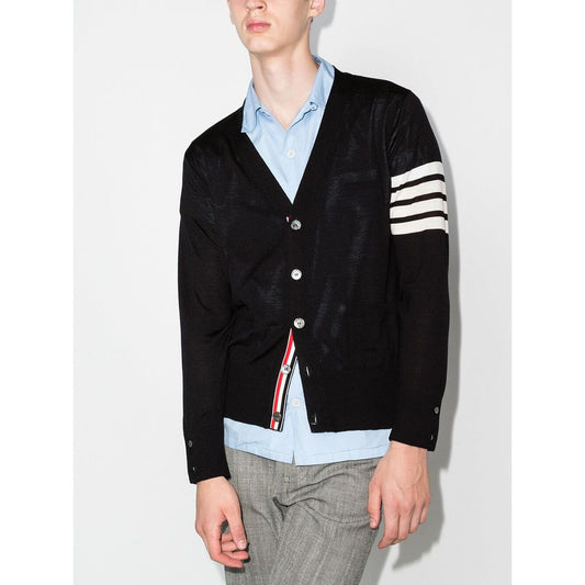 Thom Browne Sweaters Blue navy blue merino wool cardigan with button fastening and signature 4-Bar stripes, side slits, long sleeves.