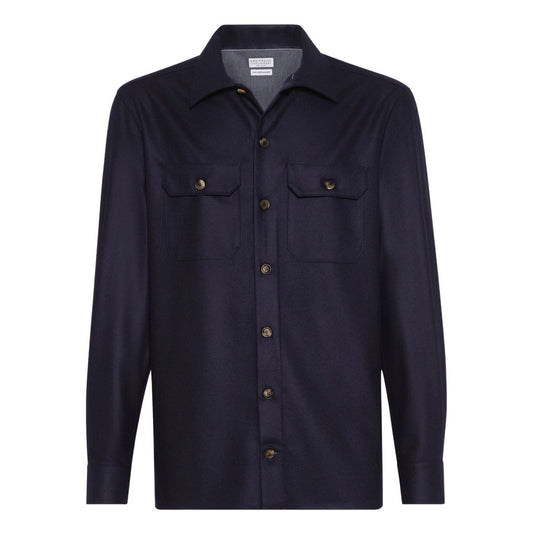Brunello Cucinelli Shirts Blue with front button fastening and chest flap pockets, long sleeves, buttoned cuffs, wool material.