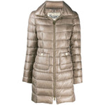 Herno Coats Dove Grey Maria midi down jacket with natural feather down, front zip, long sleeves, patch pockets, and padded interior.