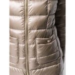 Herno Coats Dove Grey natural feather down Maria zipped jacket with patch pockets and padded interior. Front view detailing.
