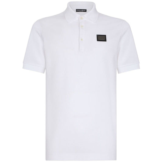 White Dolce & Gabbana Logo cotton polo shirt with logo plaque, polo collar, short sleeves, and straight hem.