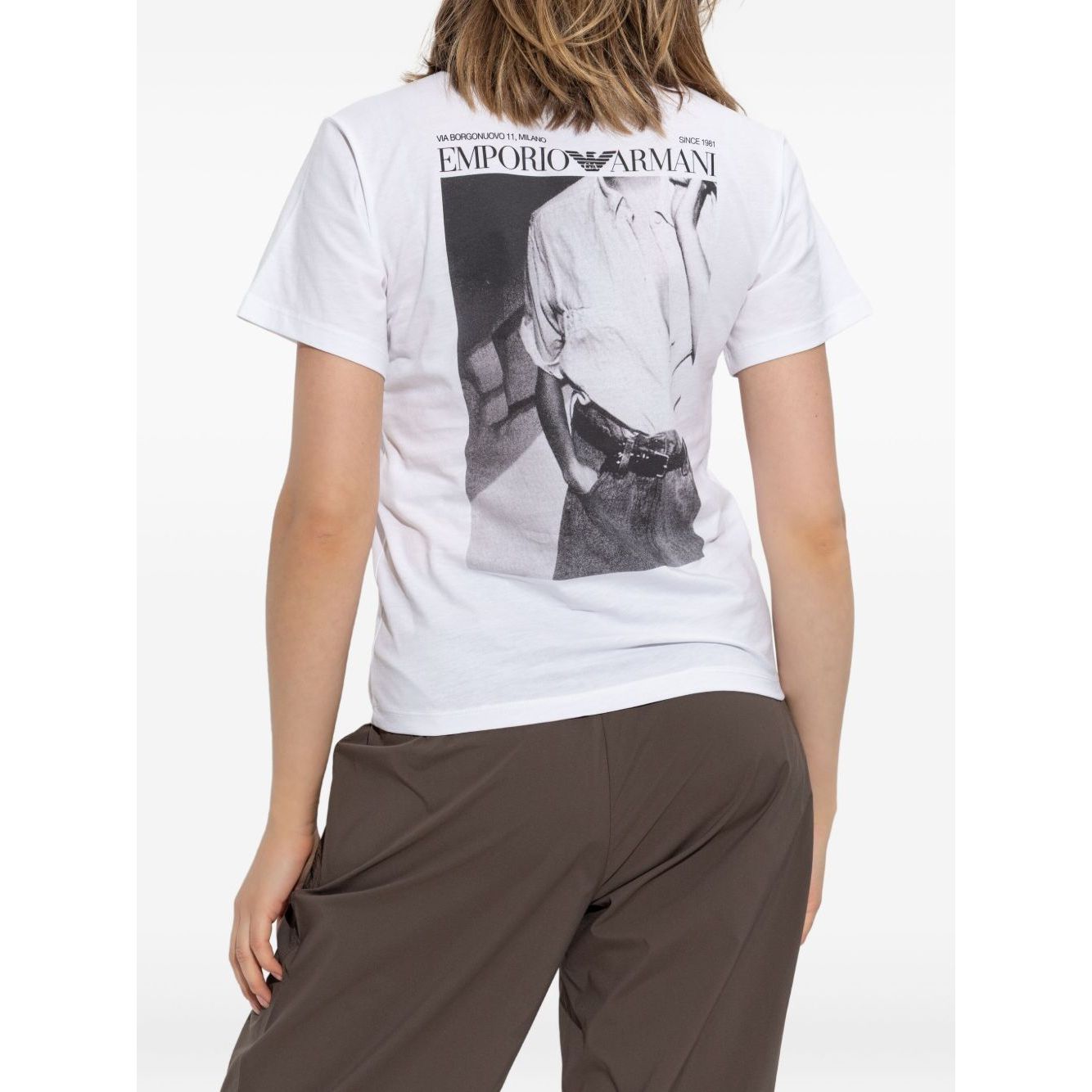 Rear view of woman wearing Emporio Armani T-shirts and Polos White with logo print, short sleeves, crew neck, organic cotton t-shirt.