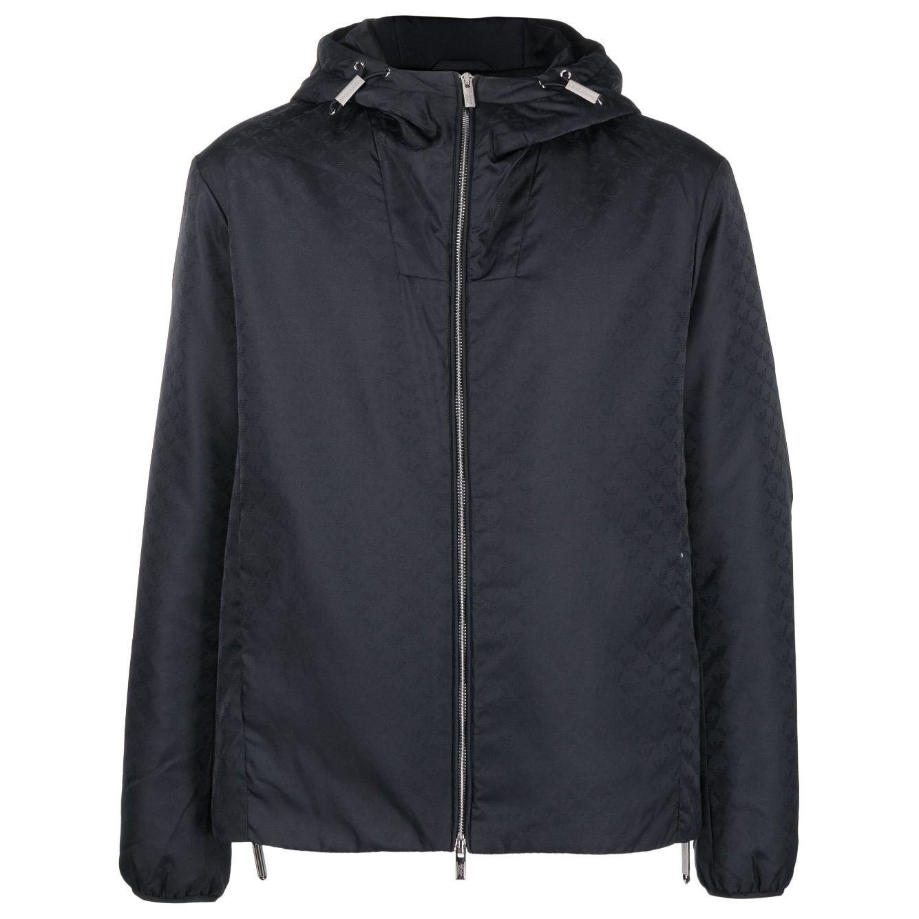 Emporio Armani Coats Blue nylon jacket with jacquard monogram, silver-tone hardware, hood, and two-way zip fastening.