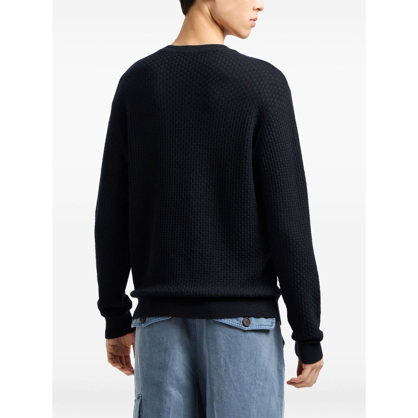 Men's Emporio Armani Sweaters Blue, dark blue waffle knit wool crewneck jumper with long sleeves, back view