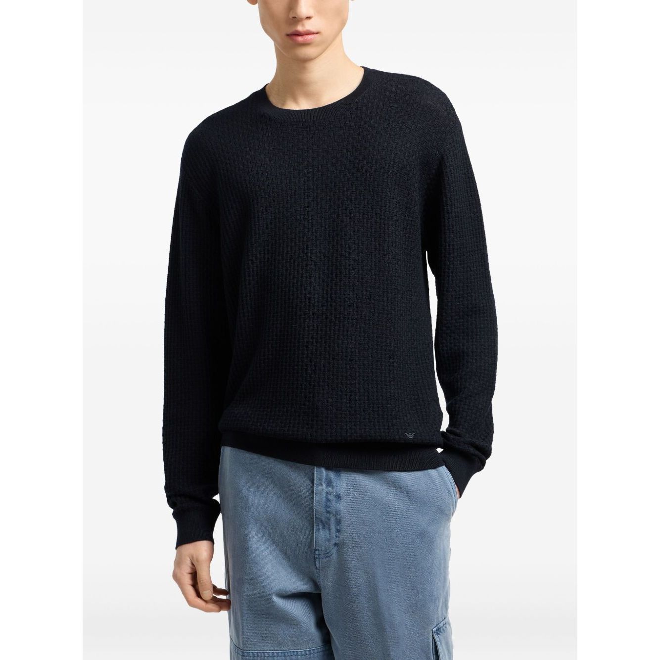Emporio Armani Sweaters Blue - dark blue waffle knit wool crewneck jumper with long sleeves and straight hem.