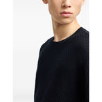 Emporio Armani Sweaters Blue - dark blue waffle knit crew neck sweater, long sleeves, straight hem, wool jumper.