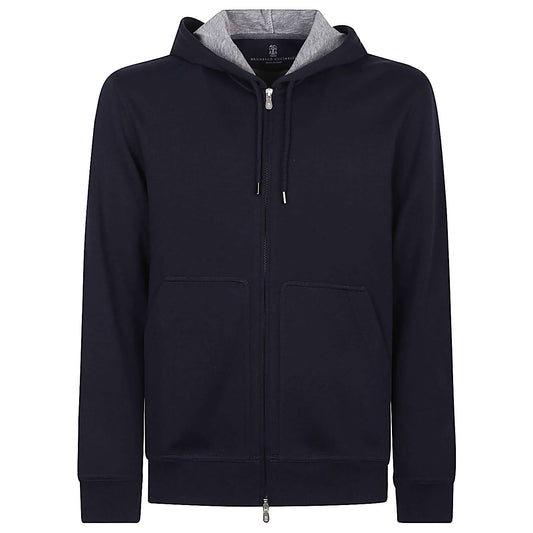 Brunello Cucinelli Sweaters Blue cotton blend hoodie with drawstring hood, front pockets, and two-way zip fastening.