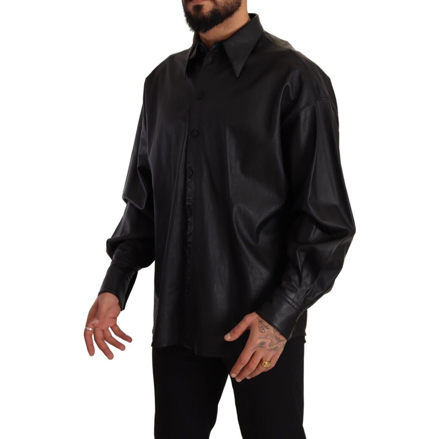 Dolce & Gabbana Black Leather Button Down Men Collared Jacket