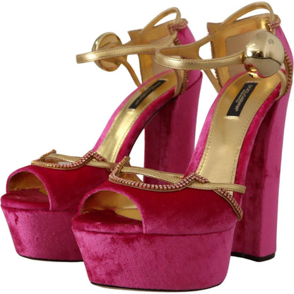 Dolce & Gabbana Pink Velvet Crystal Ankle Strap Sandals Shoes