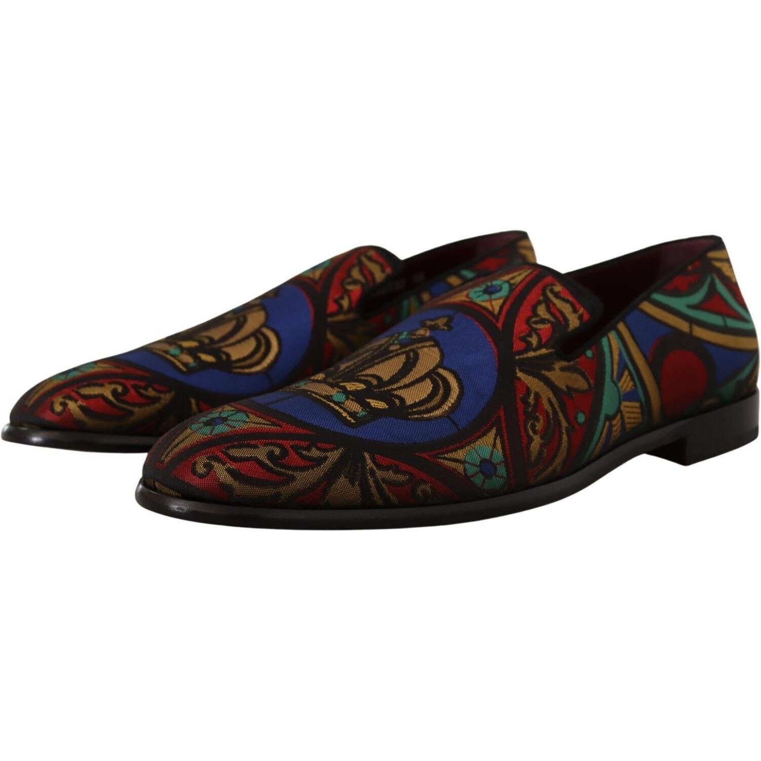 Dolce & Gabbana Multicolor Jacquard Crown Slippers Loafers Shoes