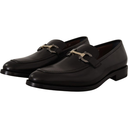 Salvatore Ferragamo Suave Black Leather Gancio Bit Loafers Dress Shoes