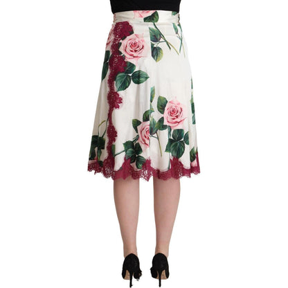 Dolce & Gabbana White Rose Print High Waist Midi A-line Skirt
