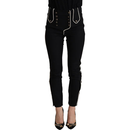 Dolce & Gabbana Black Mid Waist Button Embellished Slim Fit Pants