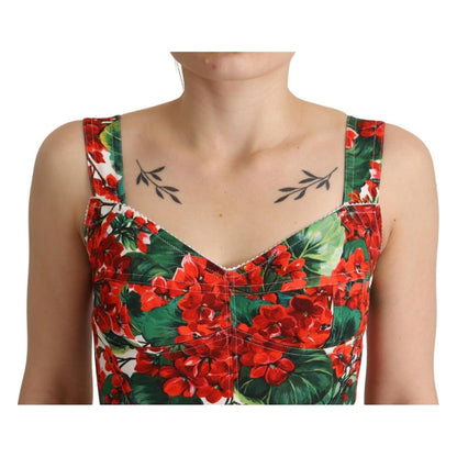 Dolce & Gabbana Red Geranium Print Viscose Sweetheart Cropped Top